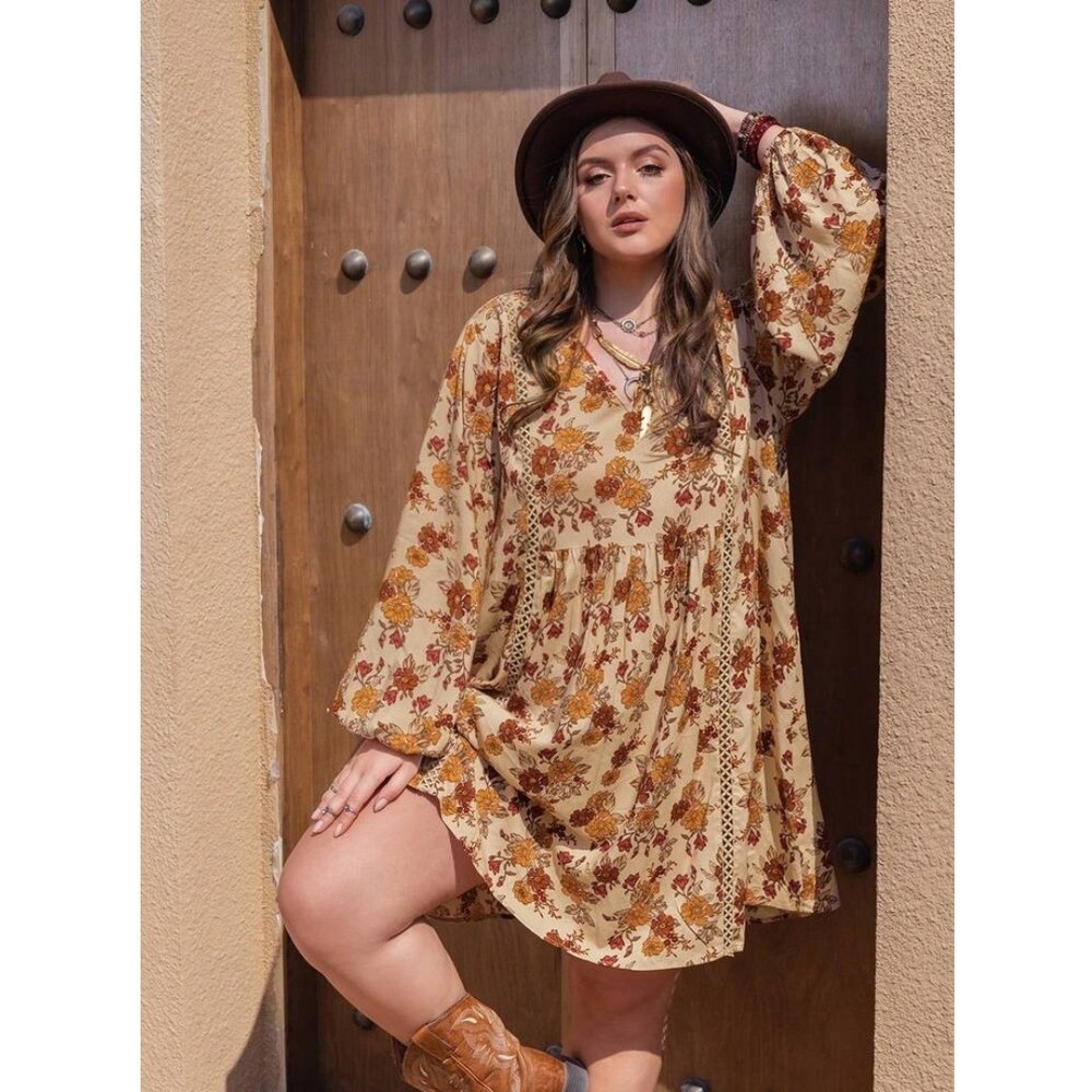 Rusttydustty Dress Womens 1XL Orange Floral Bishop Sleeve Babydoll Boho Festival